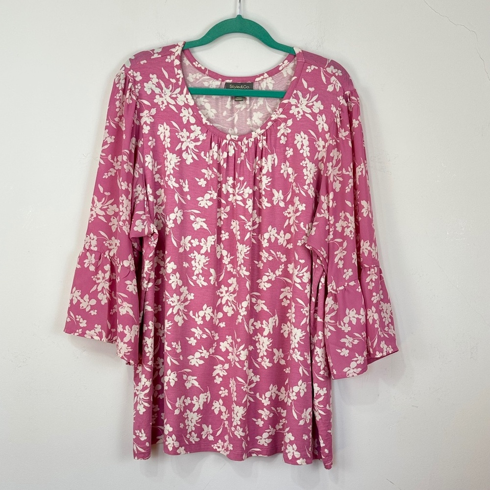 Style & Co Women's Scoop Neck Bell Ruffle Sleeve Pink Floral Top 3X Boho Beach